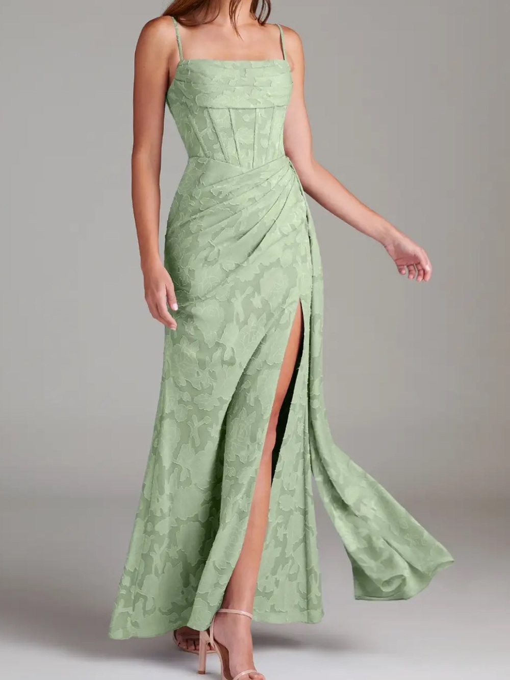 Azazie “Denisa” Dusty Green Floral Burnout Maxi/Bridesmaids Dress - Size 4